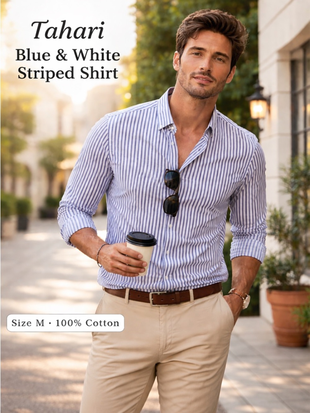 Tahari Blue and White Vertical Stripe Button-Down Shirt